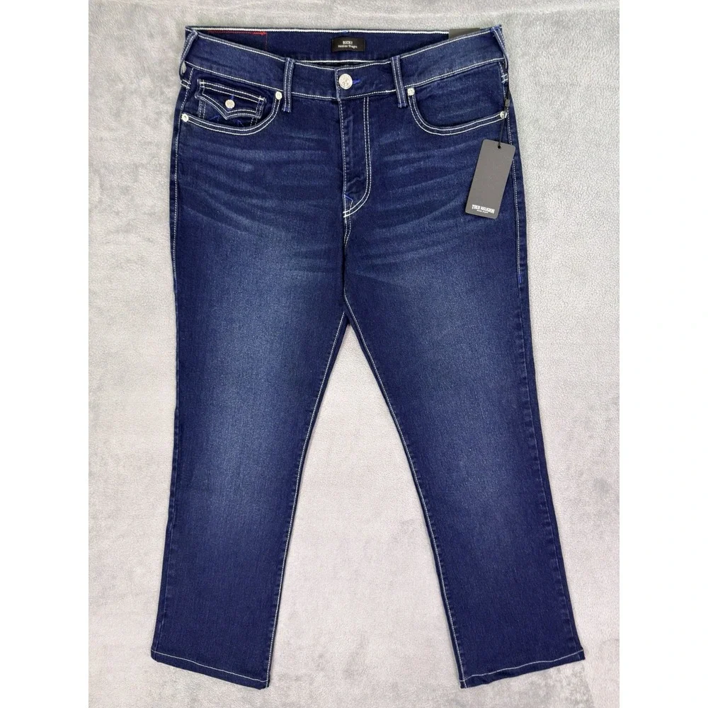New True Religion Jeans Mens 34x31 Blue Ricky Relaxed Straight Flap Pocket Denim
